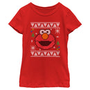 Girl's Sesame Street Elmo Face Ugly Christmas Sweater Print T-Shirt