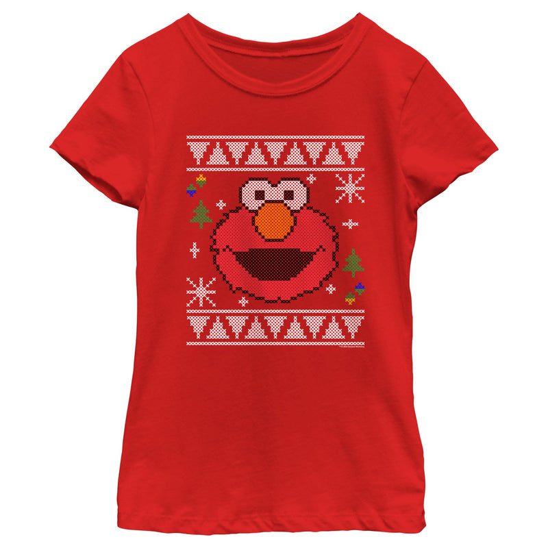 Girl's Sesame Street Elmo Face Ugly Christmas Sweater Print T-Shirt