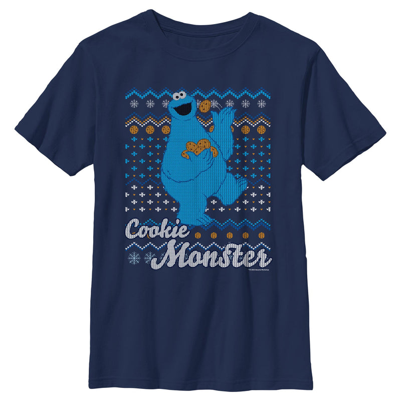Boy's Sesame Street Cookie Monster Ugly Christmas Sweater Print T-Shirt