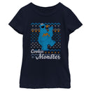 Girl's Sesame Street Cookie Monster Ugly Christmas Sweater Print T-Shirt