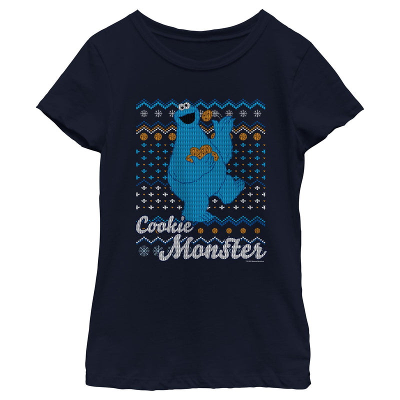 Girl's Sesame Street Cookie Monster Ugly Christmas Sweater Print T-Shirt
