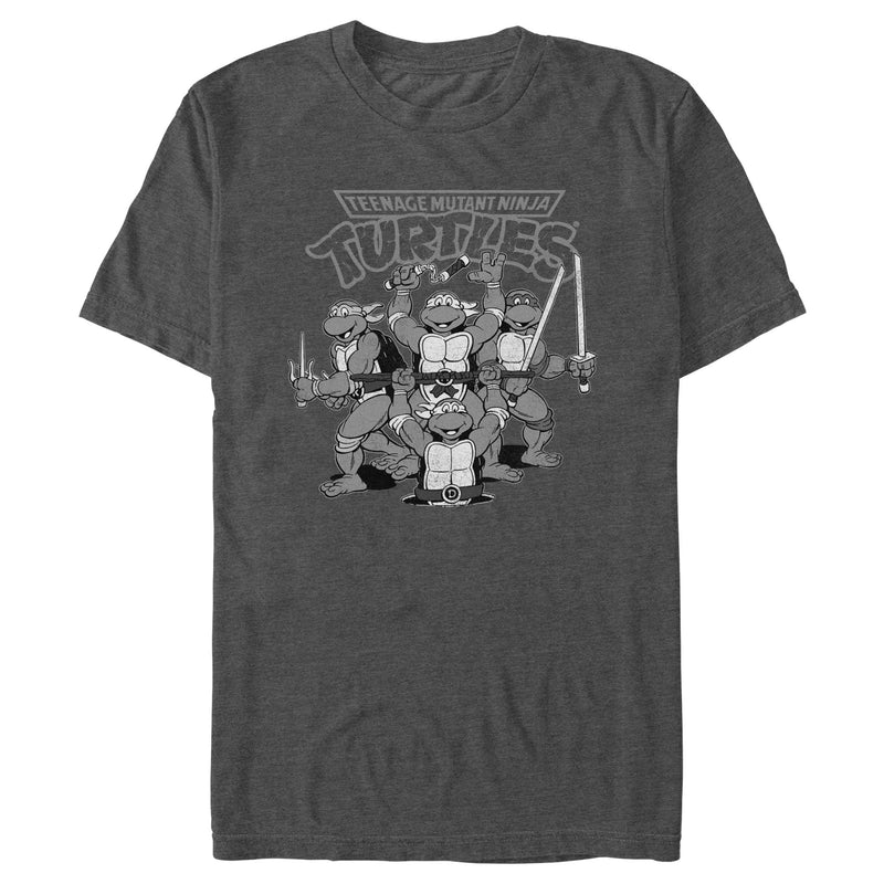 Men's Teenage Mutant Ninja Turtles Distressed Black and White Group Photo T-Shirt