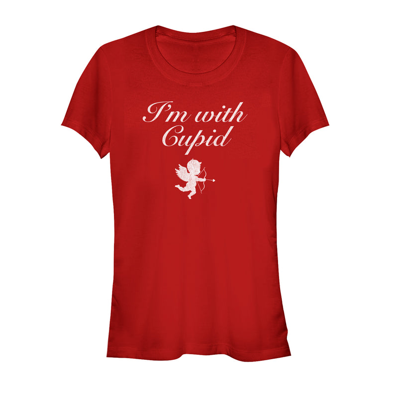 Junior's Lost Gods Valentine's Day I'm With Cupid Cursive T-Shirt
