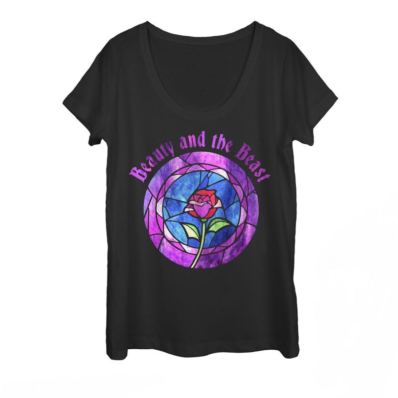Women's Beauty and the Beast Stained Glass Rose Scoop Neck
